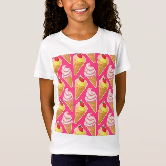 Camiseta Padrão rosa Kawaii com sorvete de morango (Frente)