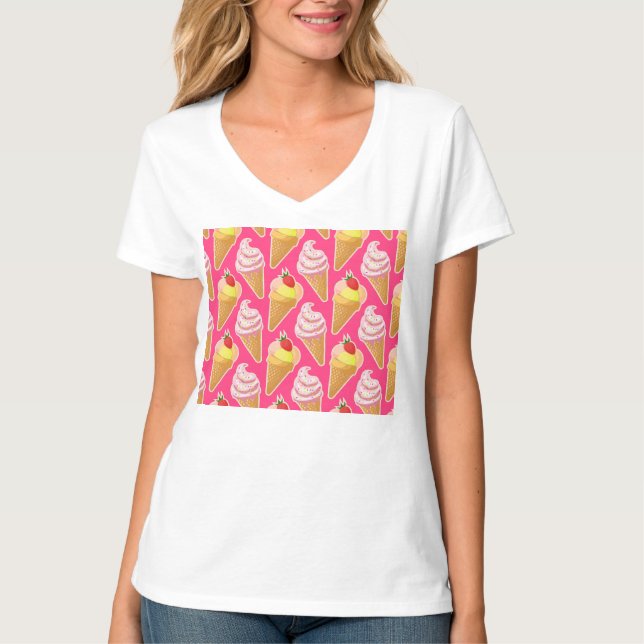Camiseta Padrão rosa Kawaii com sorvete de morango (Frente)
