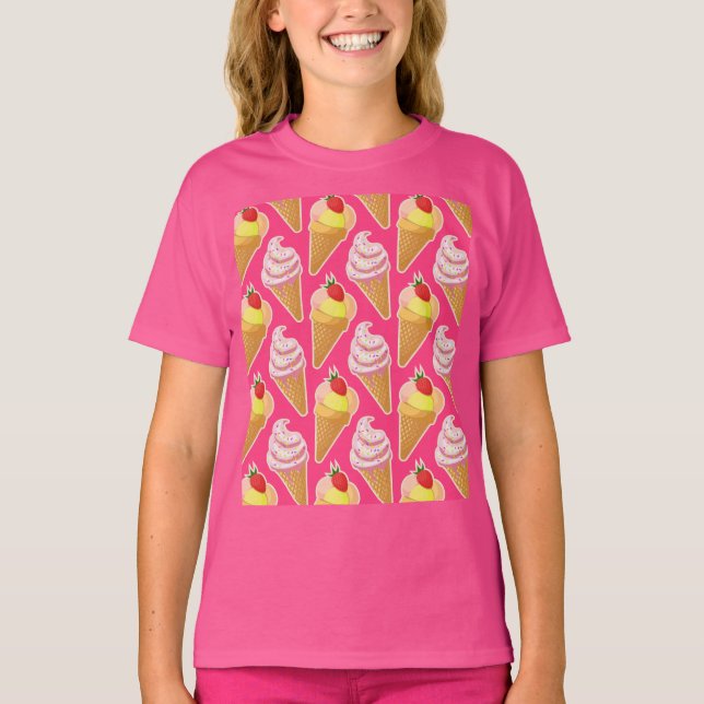 Camiseta Padrão rosa Kawaii com sorvete de morango (Frente)