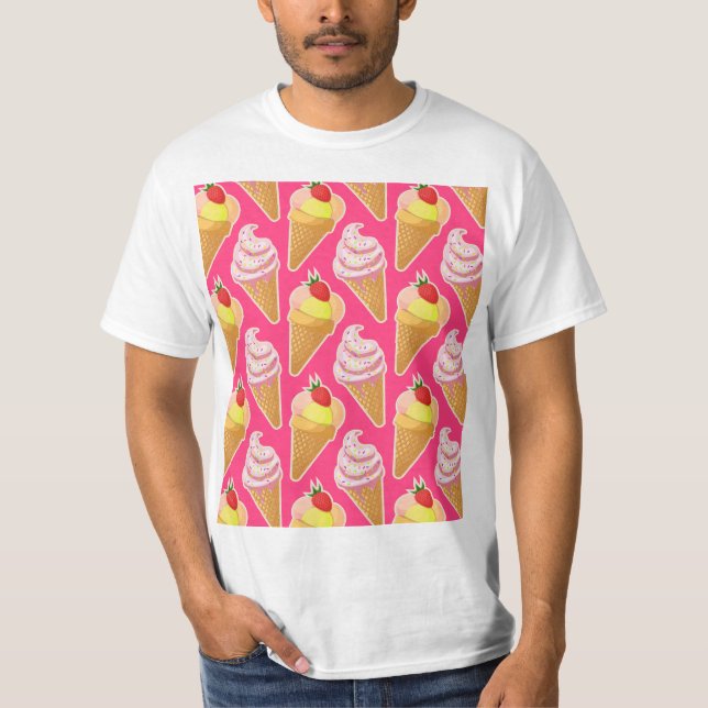 Camiseta Padrão rosa Kawaii com sorvete de morango (Frente)