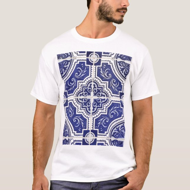 Camiseta Padrão Rustic Vintage - Azulejos Portugueses - Azu (Frente)