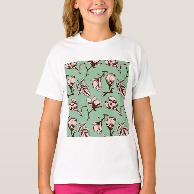 Camiseta Padrão sem costura com botões de flores de primave (Frente)