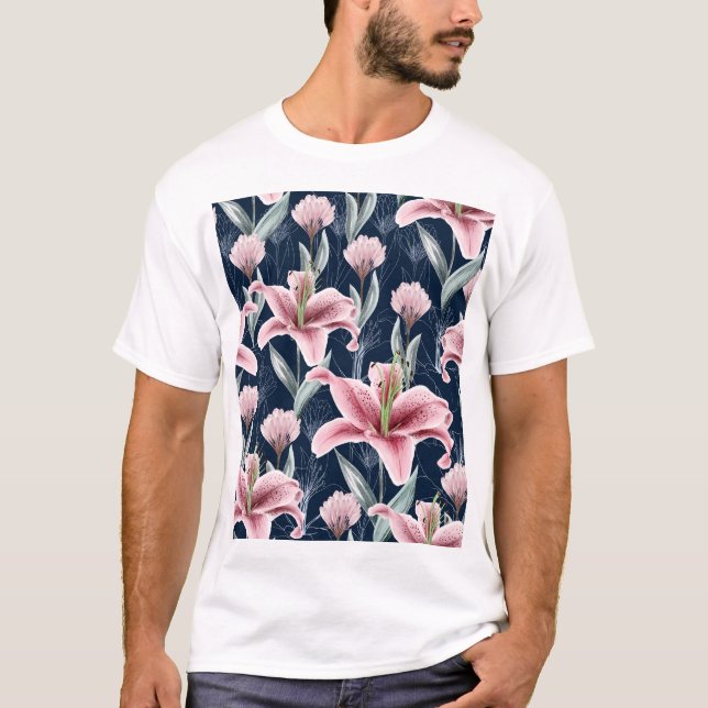 Camiseta Padrão Sem Costura De Flor Rosa. (Frente)