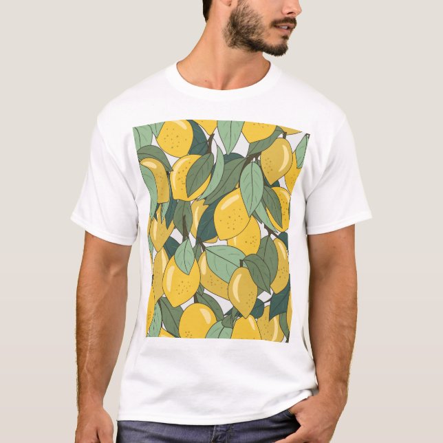 Camiseta Padrão tropical com limões amarelos. (Frente)