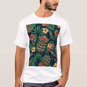 Camiseta Padrão Tropical de Máscara de Tiki Havaiano