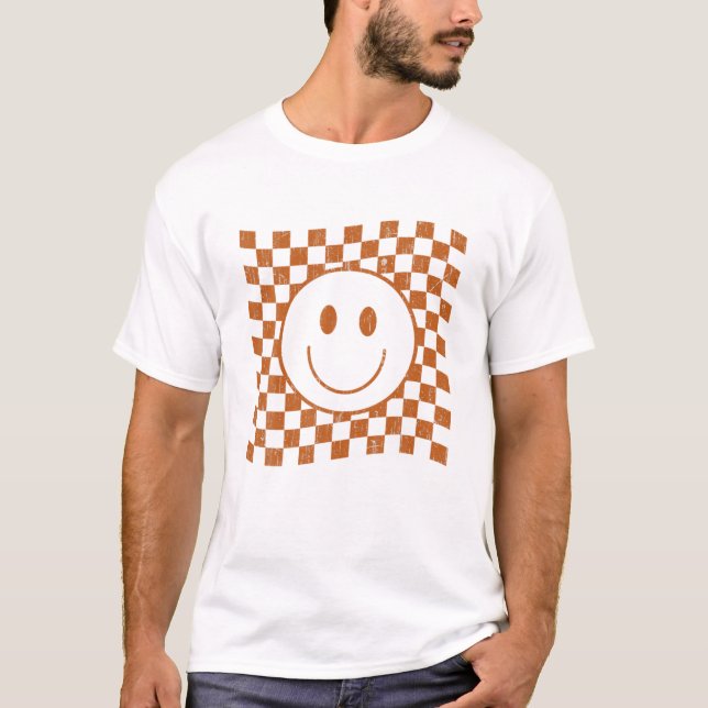 Camiseta Padrão Verificado Com O Smiley face Da Face Feliz  (Frente)