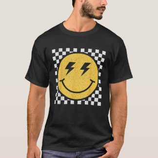 Camiseta Padrão Xadrez de Rosto Feliz Amarelo Retro Sorriso