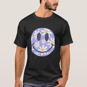 Camiseta Padrão Xadrez de Rosto Feliz Roxo Retro Sorriso Fa