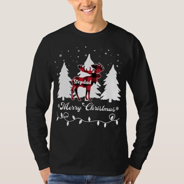 Camiseta Padrastro Alce Búfalo Xadrez Vermelho Natal Combin (Frente)