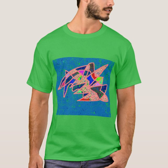 Camiseta Padrões cor-de-rosa e azuis em verde (Frente)