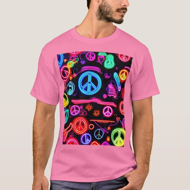 Camiseta Padrões de Símbolo da Paz em Neon (Frente)