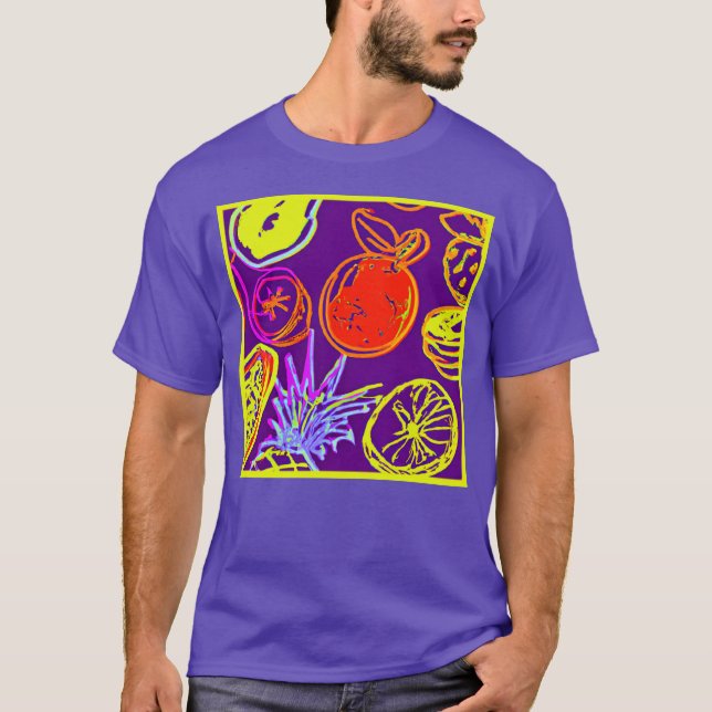 Camiseta Padrões Tropicais de Frutas Neon (Frente)