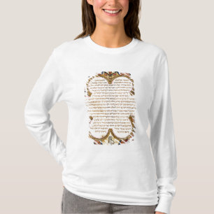 Camiseta Página de uma Bíblia Hebraica com pássaros, 129