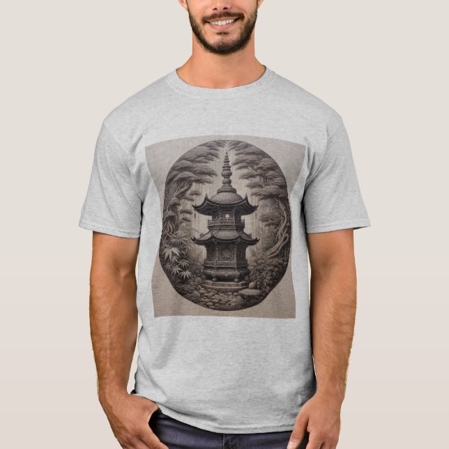 Camiseta Pagoda Asiática en Bosque Tropical en Ilustración  (Frente)