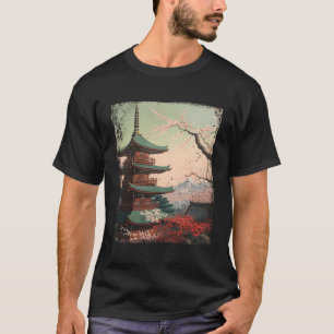 Camiseta Pagoda Japonesa Ukiyo-E E Blossomas De Cereja