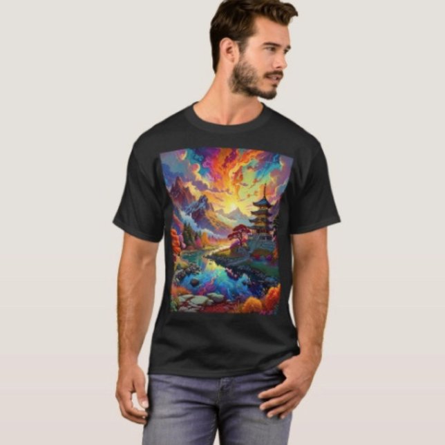 Camiseta Pagode e Paisagem Colorida  (Vibrant Pagoda Fantasy Landscape Art Graphic T-Shirt  100%  cotton unisex standard fit. 
)