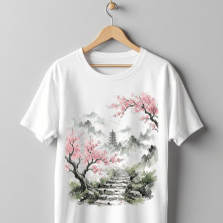 Camiseta Pagode Japonesa e Arte em Aquarela de Flor de Cere