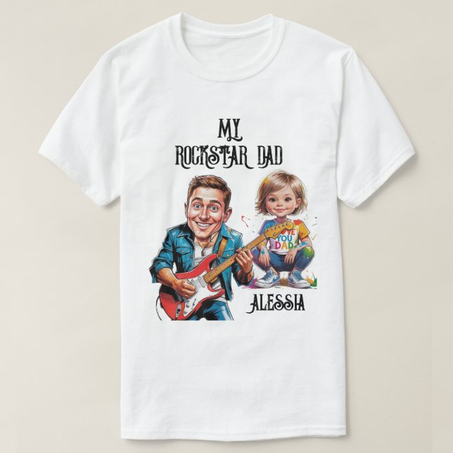 Camiseta Pai de Caricaturas Rockstar e criança com guitarra (Frente do Design)
