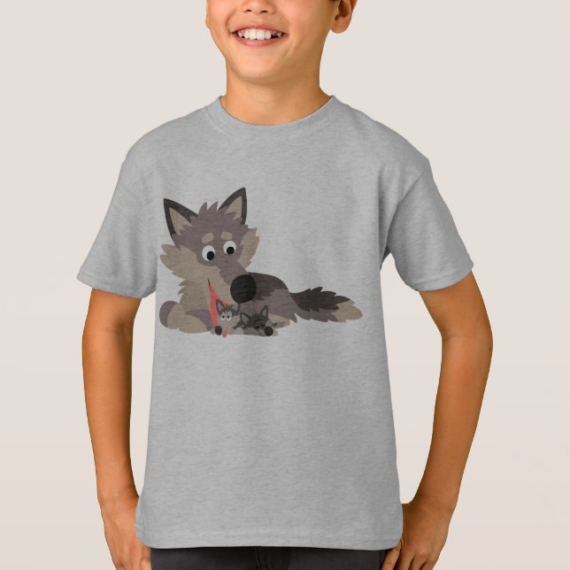 Camiseta Pai de Cartoon Bonito Wolf and Pups Infantis T-Shi (Frente)
