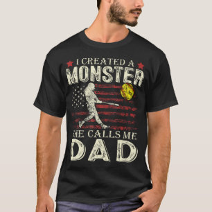 Camiseta Pai de Softbol Bandeira dos EUA Eu Criei um Monstr