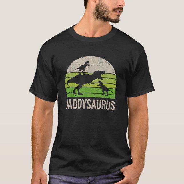 Camiseta Pai Dinossauro Pai Daddysaurus 2 Duas Crianças 202 (Frente)
