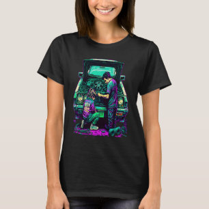 Camiseta Pai e Filha Consertando Carro Retro Pop Mecânico d
