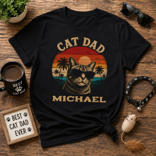 Camiseta Pai Gato Vintage Retro Pôr do Sol Praia Tropical