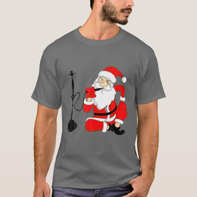 Camiseta Pai Natal Fumando Shisha Água Pipe Dotado (Frente)