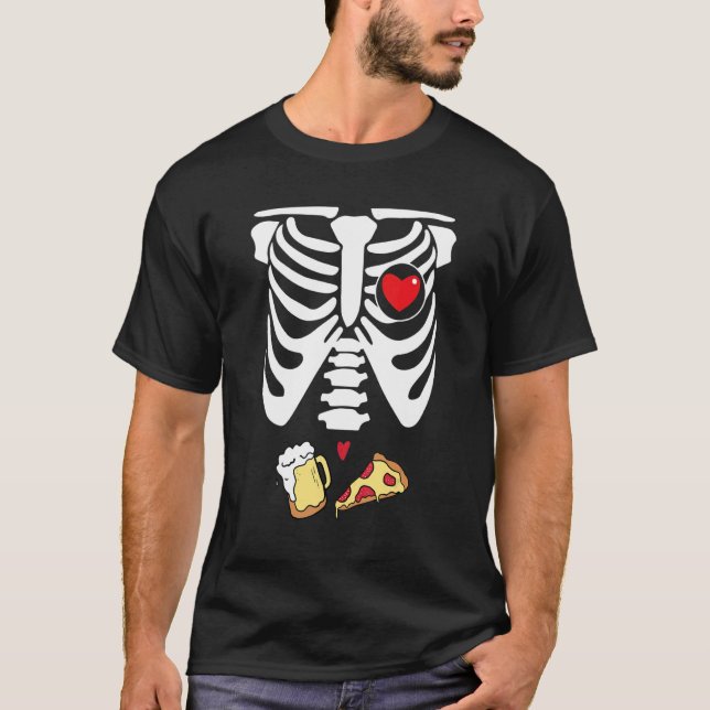 Camiseta Pai Skeleton Halloween Beer Pizza Coupl. (Frente)