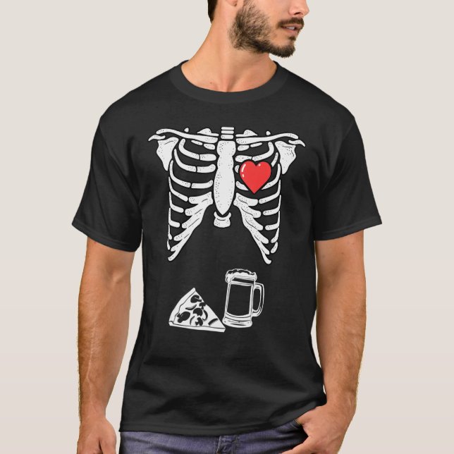 Camiseta Pai Skeleton Halloween Beer Pizza Coupl. (Frente)