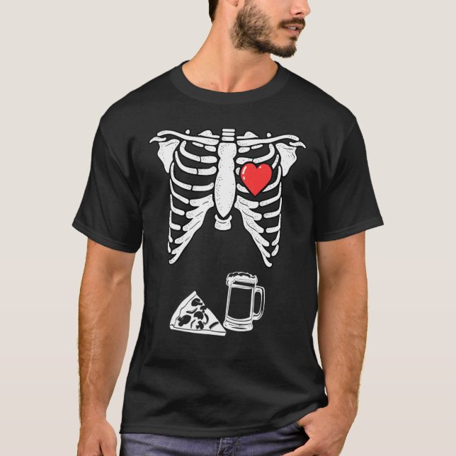 Camiseta Pai Skeleton Halloween Beer Pizza Coupl. (Frente)