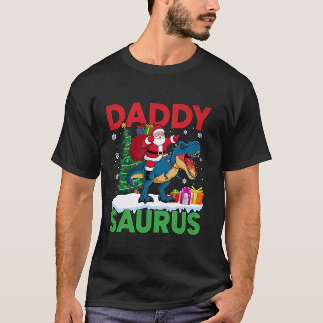 Camiseta Pai Surus T Rex Papais noeis de Natal Luzes Árvore (Frente)