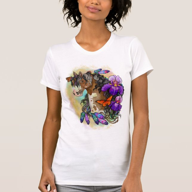 Camiseta Paint Horse Mustang com Íris e borboletas T-Sh (Frente)