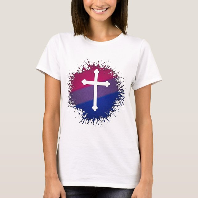 Camiseta Paint Splatter Orgulho Bissexual Cruz Cristã (Frente)
