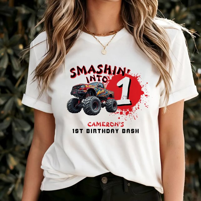 Camiseta Pais do primeiro aniversario de Smash de caminhão  (Monster Truck Smash 1st Birthday Parents T-Shirt
)