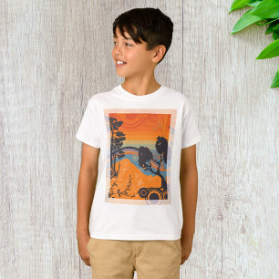 Camiseta Paisagem Abstrata da Floresta do Pôr do Sol Retrô