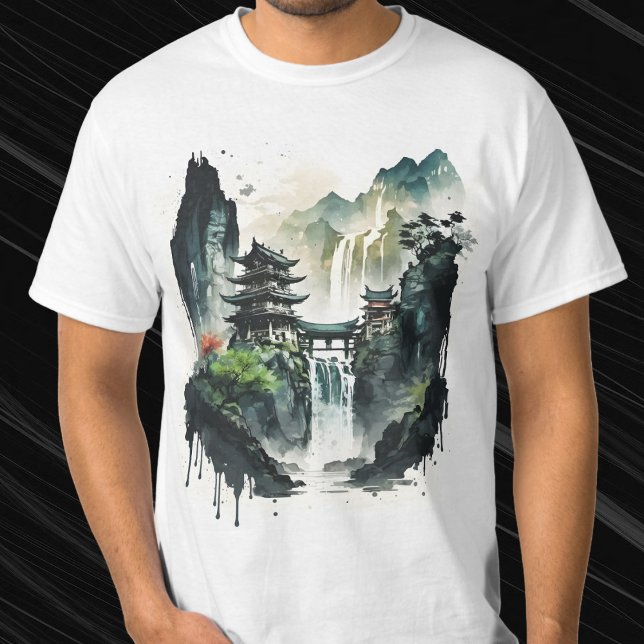 Camiseta Paisagem Chinesa Antiga com Cascata (Criador carregado)