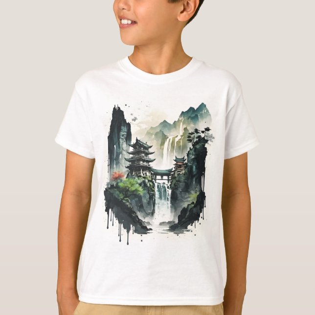 Camiseta Paisagem Chinesa Antiga com Cascata (Frente)