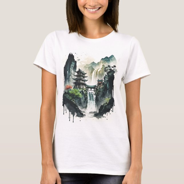 Camiseta Paisagem Chinesa Antiga com Cascata (Frente)