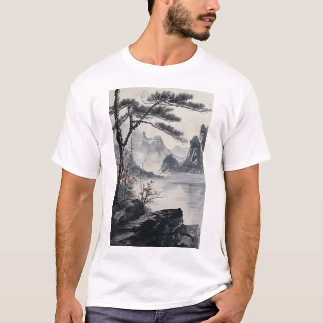 Camiseta Paisagem Chinesa com Pintura Estilo Nacional T-Sh (Frente)