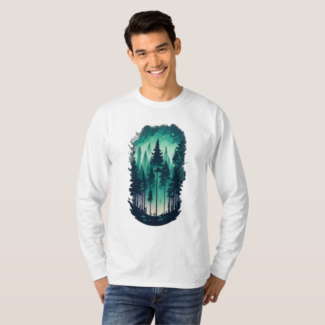 Camiseta Paisagem da Floresta dos Pinheiros Longa Folha (Frente Completa)