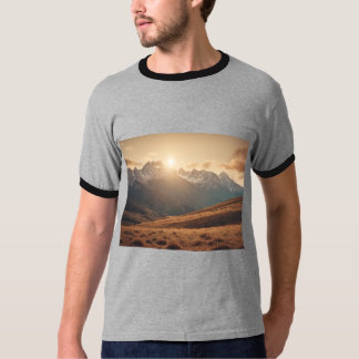 Camiseta paisagem da montanha retrógrada com sol, terra mud