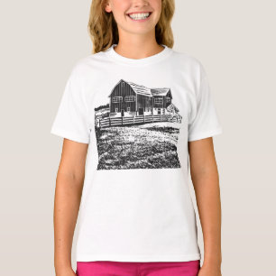 Camiseta Paisagem de campo com recortes de madeira casa de 