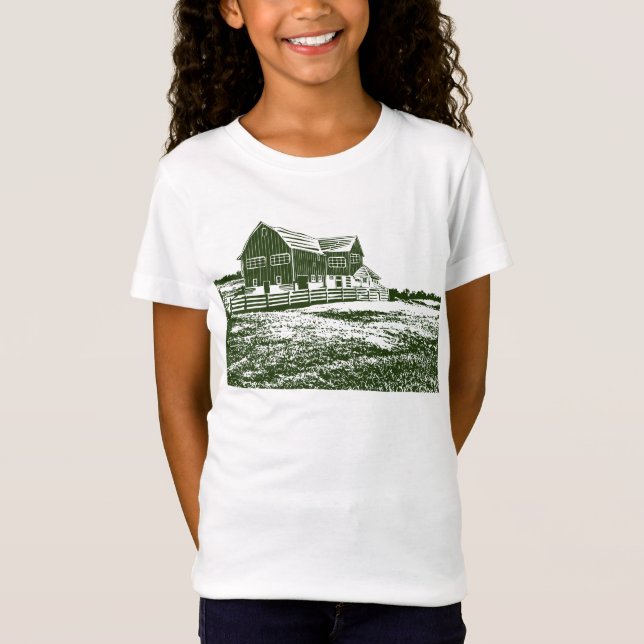Camiseta Paisagem de campo com recortes de madeira casa de  (Frente)