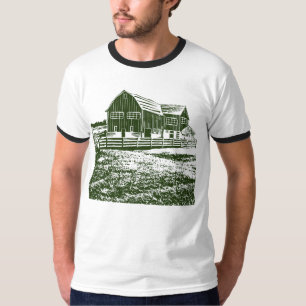 Camiseta Paisagem de campo com recortes de madeira casa de 