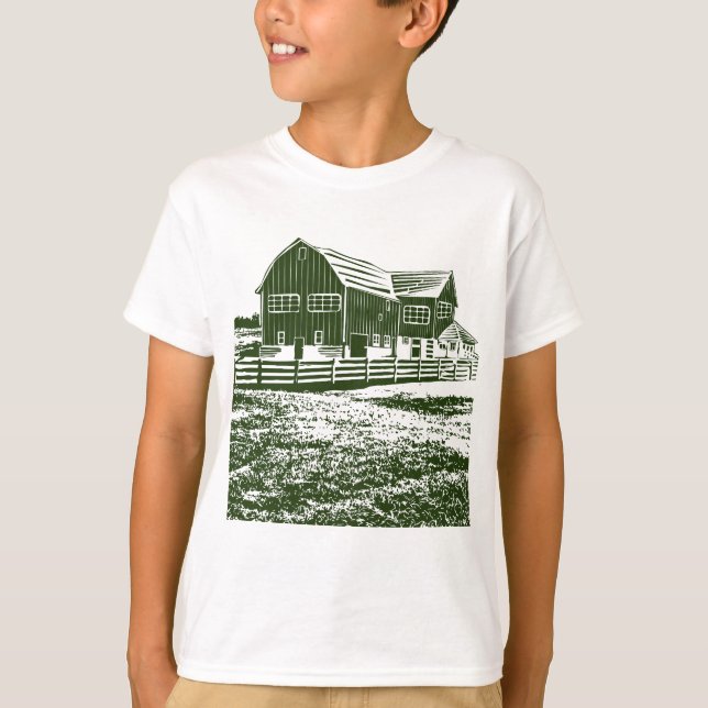Camiseta Paisagem de campo com recortes de madeira casa de  (Frente)