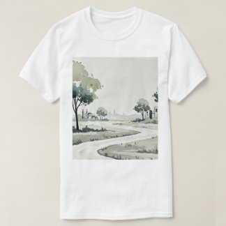 Camiseta paisagem de colinas com pequenas casas