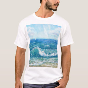 Camiseta Paisagem de verão, ondas azuis, pintura acrílica.
