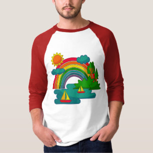 Camiseta Paisagem de viagem de barco sob nuvens solares e a