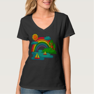 Camiseta Paisagem de viagem de barco sob nuvens solares e a